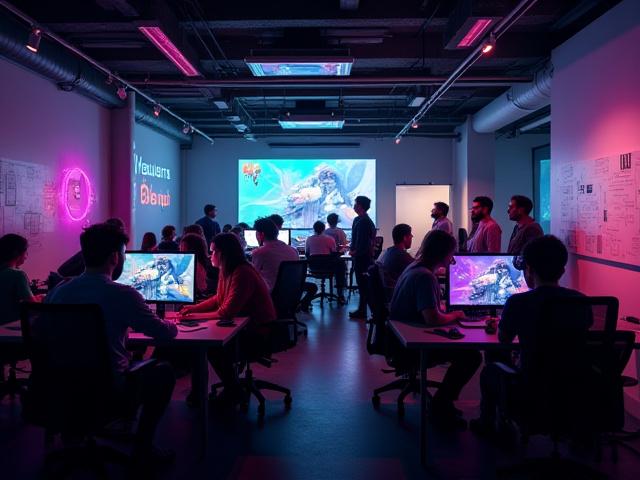 Diverse team collaborating on game development, focused on screens with colorful game art.