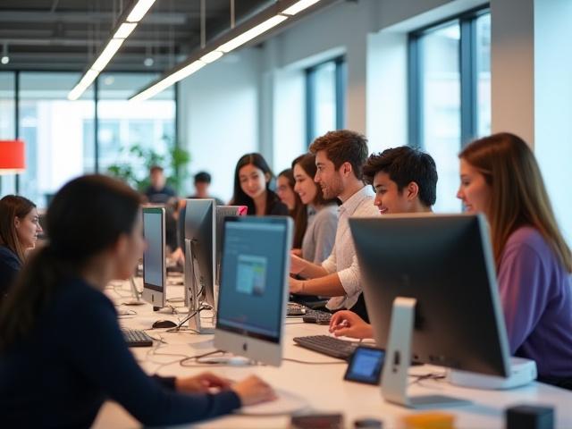 WinVibeHub team members collaborating enthusiastically in a modern office.