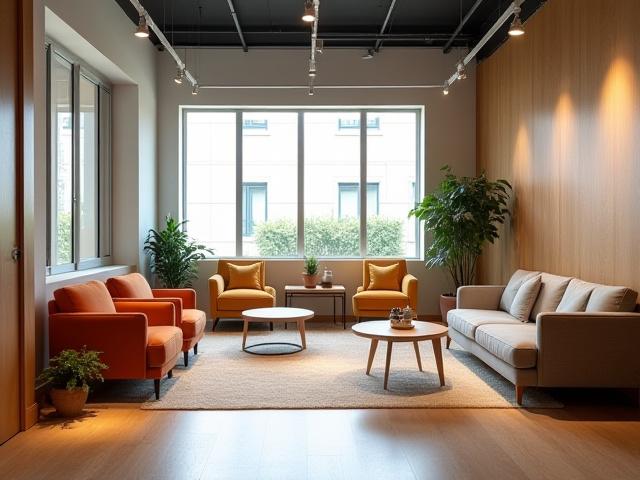 Modern office space with comfortable seating and natural light, highlighting employee well-being.